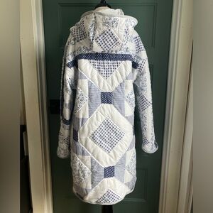 Handmade Quilted Long Coat with Hood blue and white pattern knee length jacket